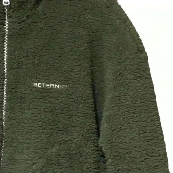 Reternity Deep Pile Jacket S Olive Green Cozy Fleece Standing Collar Pockets NWT - Picture 6 of 12